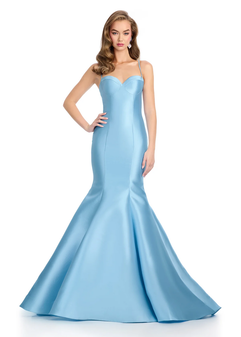 This gown features a classic mermaid silhouette, with structured mikado fabric, and a sweetheart neckline. Add a pair of statement earrings to create the perfect prom of formal event look.&nbsp;

Ashley Lauren 11911