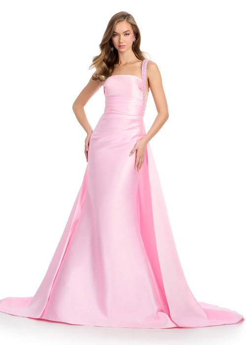This mikado gown features fully beaded straps and a ruched bodice. Complete with a sweeping overskirt, and a column skirt, this dress may be perfect for your next prom or pageant.

Ashley Lauren 11979