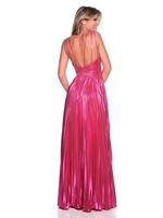 This dress features an A-Line silhouette, deep V illusion neckline, metallic fabric, ruching along the bodice and a pleated skirt. Pair this dress with statement earrings for the perfect prom look.

DJ 12078