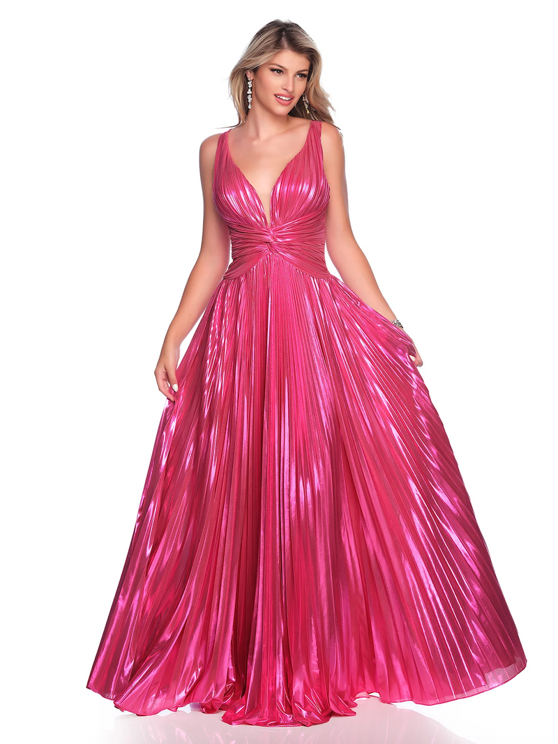 This dress features an A-Line silhouette, deep V illusion neckline, metallic fabric, ruching along the bodice and a pleated skirt. Pair this dress with statement earrings for the perfect prom look.

DJ 12078