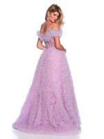 This gown features a ball gown silhouette, with an off the shoulder neckline, ruffle tulle skirt, and a sheer lave corset bodice. Pair this dress with dainty heels for your next prom look.&nbsp;

DJ 12093