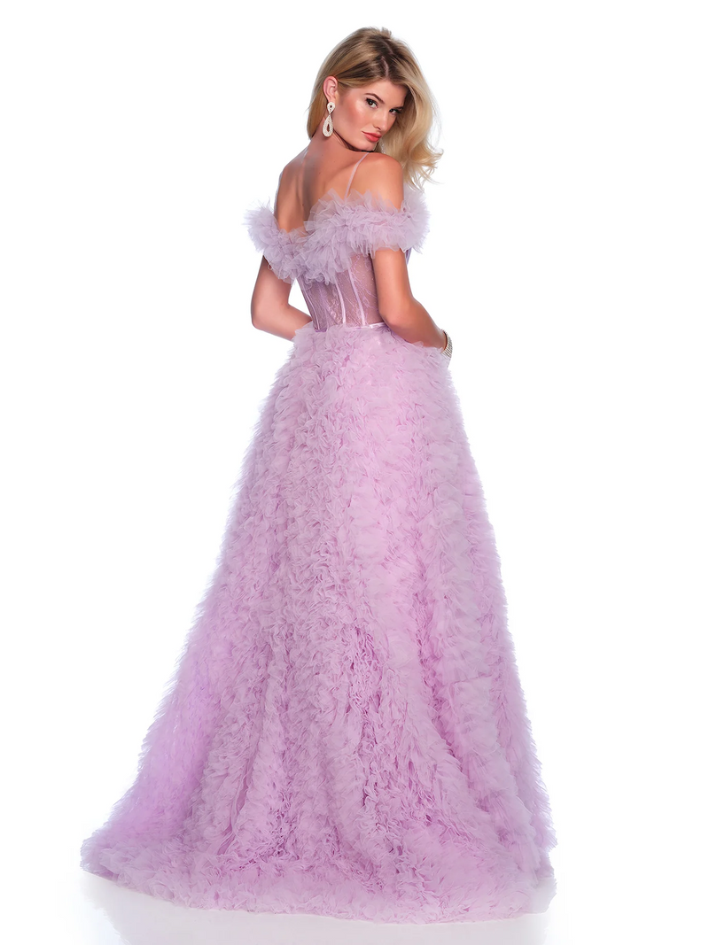 This gown features a ball gown silhouette, with an off the shoulder neckline, ruffle tulle skirt, and a sheer lave corset bodice. Pair this dress with dainty heels for your next prom look.&nbsp;

DJ 12093