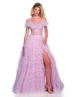 This gown features a ball gown silhouette, with an off the shoulder neckline, ruffle tulle skirt, and a sheer lave corset bodice. Pair this dress with dainty heels for your next prom look.&nbsp;

DJ 12093