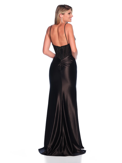 This dress features a fitted silhouette, sweetheart neckline, hot pressed stones along the corset bodice, and shiny jersey fabric with a skirt slit. Pair this dress with simple heels for your next black tie or formal event look.&nbsp;

DJ 12189