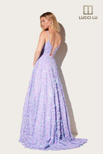 This dress features a v-neckline with spaghetti straps and a lace-up back. The fabric is sequin embellished and designed in an intricate pattern, an A-line silhouette and pockets. This dress is unique and playful and could be ideal for your next prom or formal event.  LU 1325