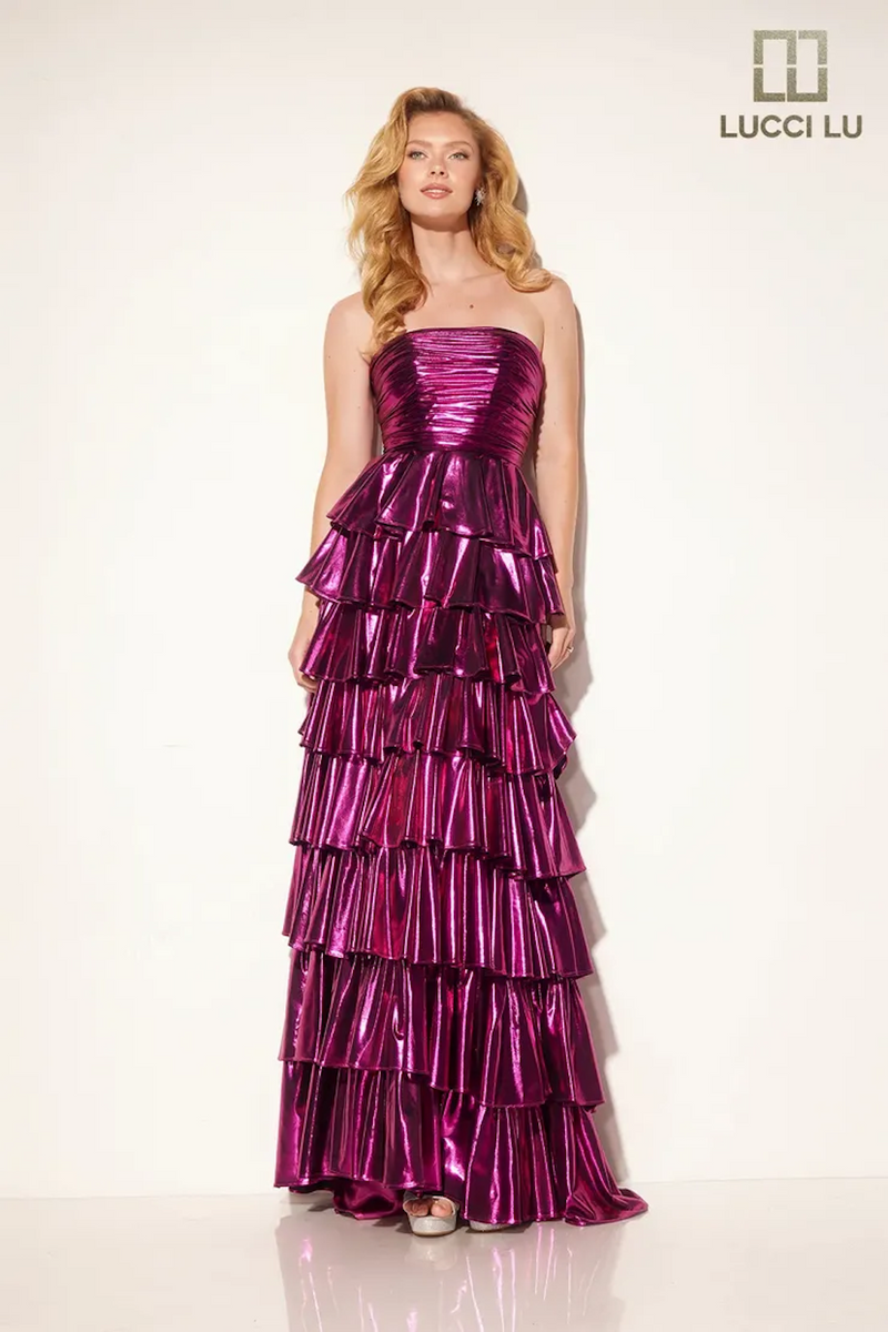 This dress features a strapless neckline and a lace-up back. The skirt has layered tiered fabric creating an A-line silhouette, all in a metallic fabric. This dress is a unique choice for your next prom or formal event.

LU 1367