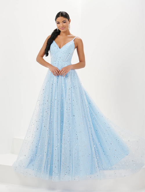 This dress features a v-neckline with spaghetti straps, sequin-adorned tulle fabric with an A-line silhouette. This dress is an enchanting choice for your next prom or formal event.  HOW 16066