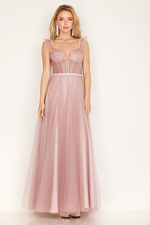 This dress features an illusion v-neckline, with spaghetti straps with tulle detailing. The bodice has exposed corset boning, tulle fabric, and an A-line silhouette. This dress is an effortless choice for your next prom or formal event.   CAC 163
