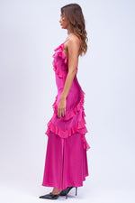 This dress features satin fabric with ruffle trim lines, spaghetti straps, a side zipper and scoop back. This dress is unique and playful and could be ideal for your next sweethearts or homecoming dance.  SM-D20530A
