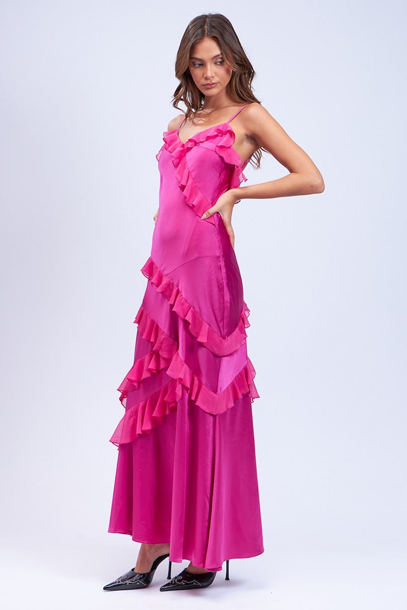 This dress features satin fabric with ruffle trim lines, spaghetti straps, a side zipper and scoop back. This dress is unique and playful and could be ideal for your next sweethearts or homecoming dance.  SM-D20530A