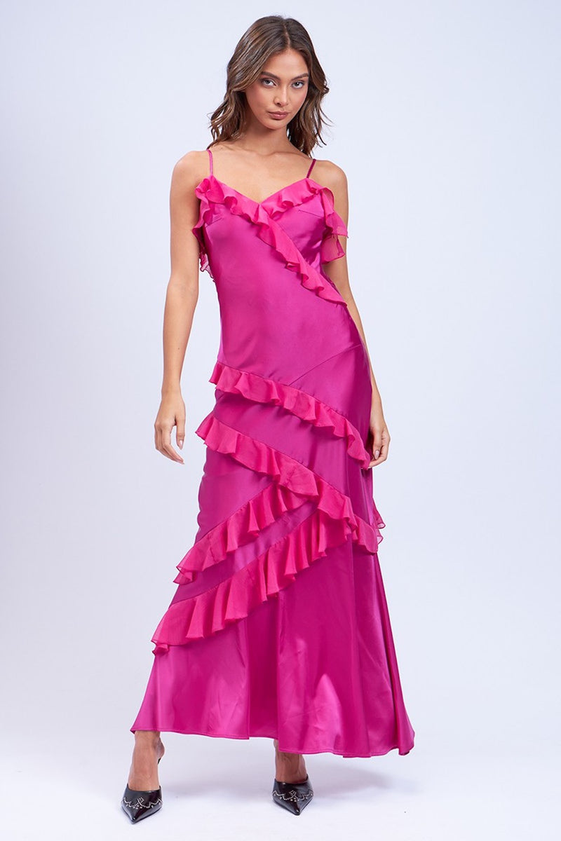 This dress features satin fabric with ruffle trim lines, spaghetti straps, a side zipper and scoop back. This dress is unique and playful and could be ideal for your next sweethearts or homecoming dance.  SM-D20530A