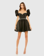 This cocktail dress features a diamond-embellished satin fabric. Fully lined with a bustier for coverage, while the sweetheart neckline and puff sleeves add a touch of femininity. Complete with sparkly rhinestone top and waist detail for a flattering fit for your next homecoming or formal event.

Mac Duggal 20688