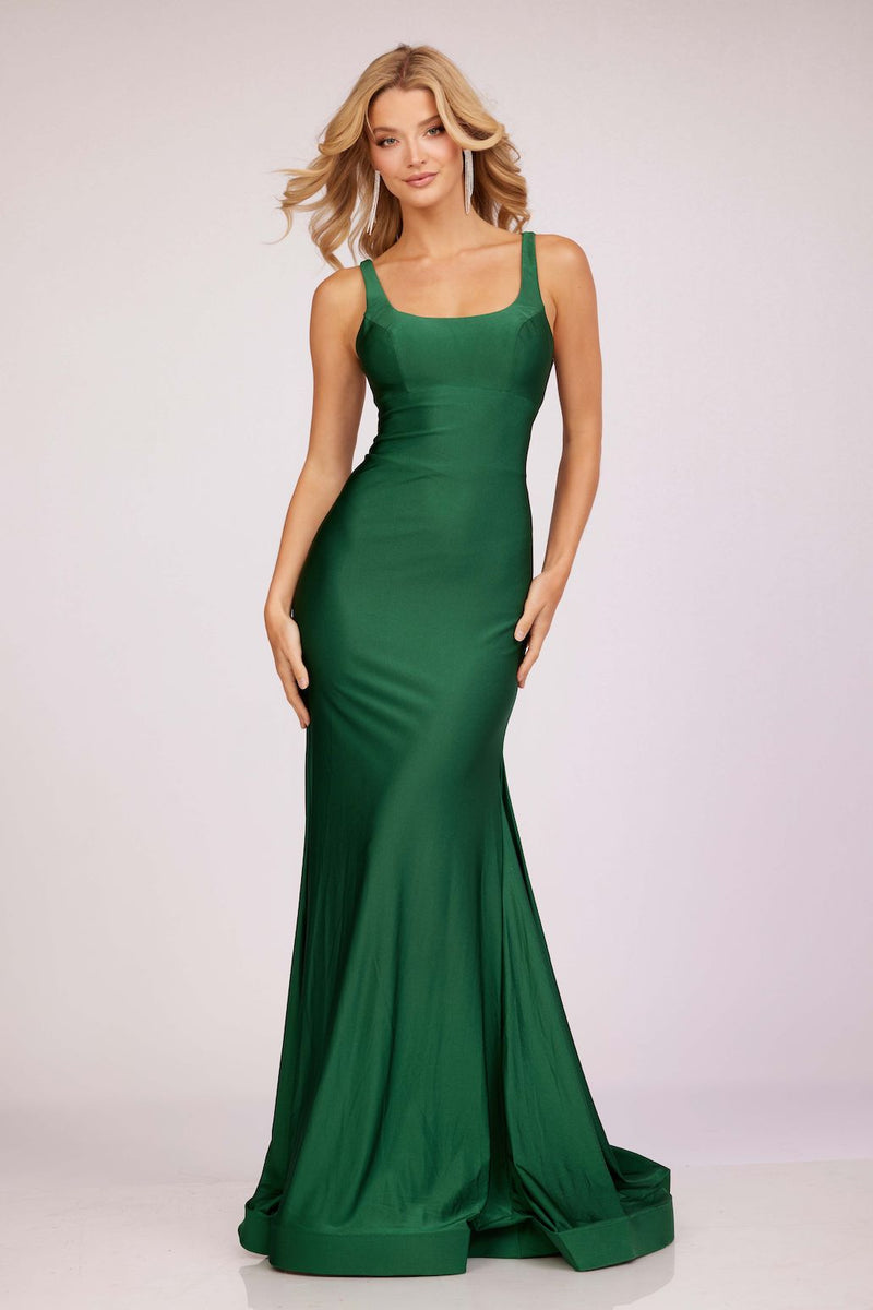 This dress features a fitted silhouette, a soft square neckline with 1-inch straps, a lace-up back, and a slight train. This dress is simple elegance at its finest. Style this dress to make it your own at your next prom or formal event.  CAC 2239