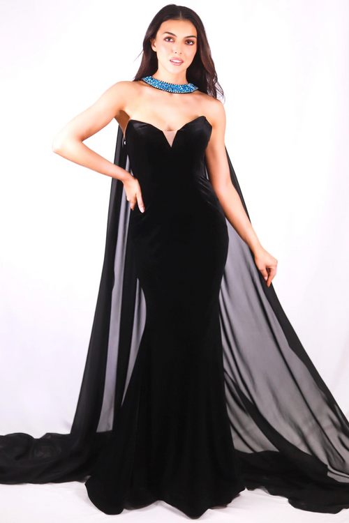 This dress features a strapless neckline, a fitted silhouette and a cape with a bejeweled neckline. A stunning choice for your next pageant or formal event!  ARY 27713