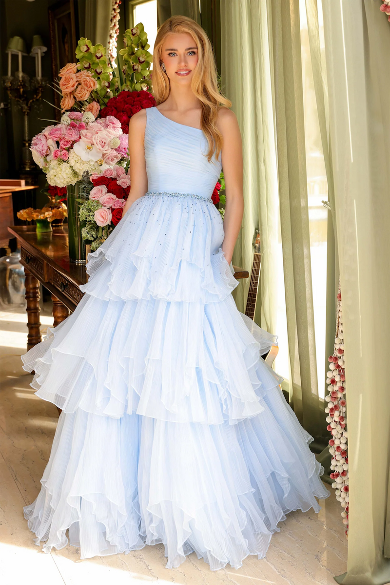 This enchanting ballgown features a one-shoulder design with a delicate ruched bodice, cascading into a layered ruffle skirt. Style this dress to make it your own at your next prom or formal event!&nbsp;

ARY 29131