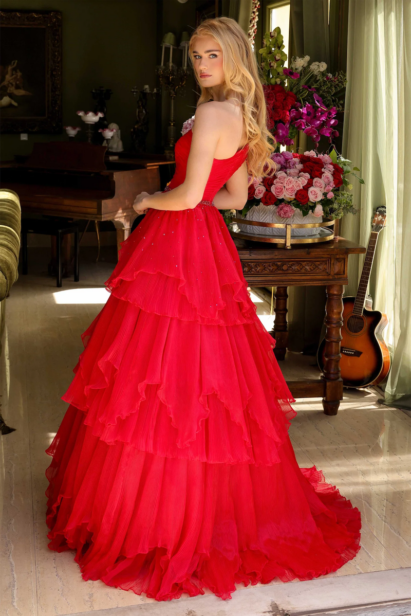 This enchanting ballgown features a one-shoulder design with a delicate ruched bodice, cascading into a layered ruffle skirt. Style this dress to make it your own at your next prom or formal event!&nbsp;

ARY 29131