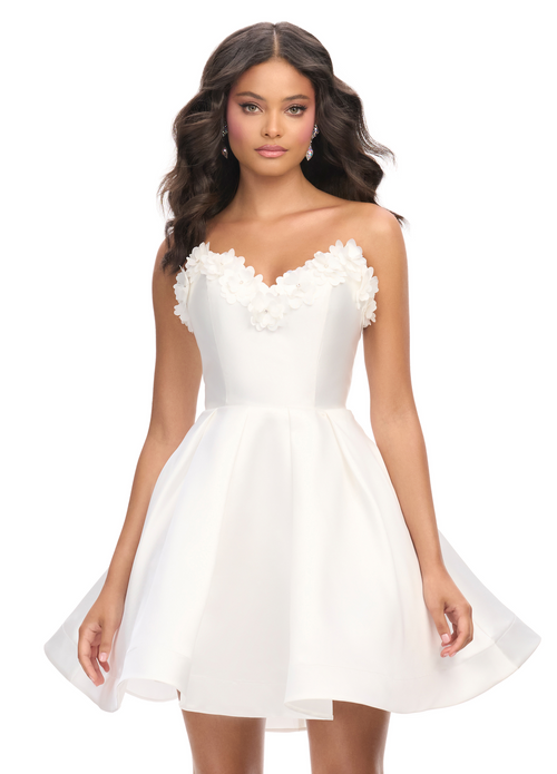 This cocktail dress features a stunning sweetheart neckline with 3D flower detailing and A-Line skirt, with mikado fabric. Style this dress to make it your own at your next homecoming or formal event.  Ashley Lauren 4782