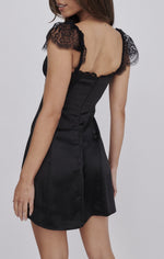 This cocktail dress features satin fabric with detailed lace sleeves and a square neckline. Style this dress to make it your own at your next homecoming or formal event.  ON 64312B
