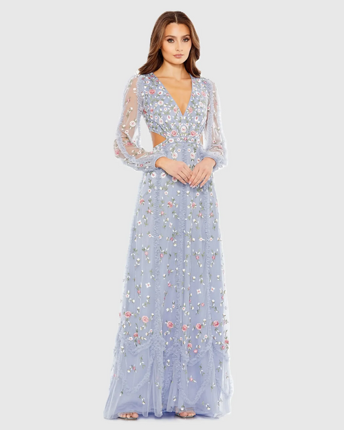 This gown features long sleeves and intricate embellishments and a V-neckline. With its A-line silhouette and cut-out details, it adds a modern touch to a classic design that could be perfect for your next prom or formal event.

Mac Duggal 35107