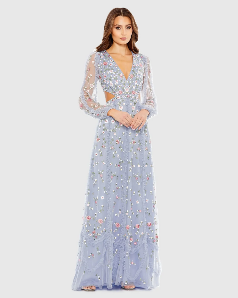 This gown features long sleeves and intricate embellishments and a V-neckline. With its A-line silhouette and cut-out details, it adds a modern touch to a classic design that could be perfect for your next prom or formal event.

Mac Duggal 35107