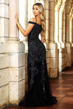 <p>This gown features a v-neckline with spaghetti straps and an off-the-shoulder strap, offering that cold shoulder design. This dress is fitted with tulle beaded fabric that creates a unique pattern. An elegant choice for your next prom or formal event.</p> <p>ARY 38830</p>
