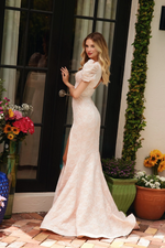 This dress features a soft blush tone with intricate lace detailing. The dress showcases a deep V-neckline and short puff sleeves, adding a romantic touch to the design. The fitted silhouette accentuates the body’s curves, while the high slit in the skirt adds a bold and modern element. The lace overlay provides a delicate texture, making it ideal for any formal event, prom or pageant.

ARY 40100