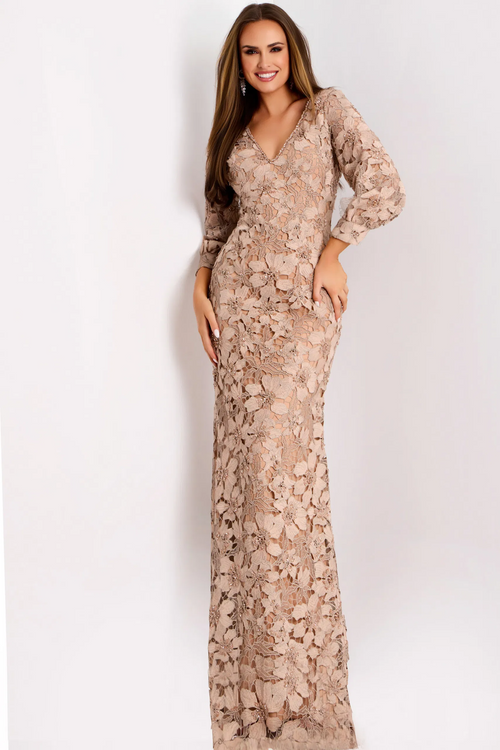 This dress features a V-neckline with long sleeves and a fully covered back. The fitted silhouette pairs with the embroidered floral lace, a stunning choice for your next formal event.

Jovani 40210A