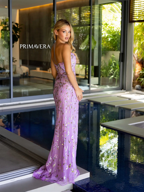 <p>This dress features a beaded floral design throughout this fitted silhouette, with a skirt slit, spaghetti straps and a slight v-neckline. Choose this stunning gown for your next prom or formal event.</p> <p>PV 4123</p>