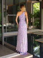 This dress features a one-shoulder neckline with a fitted silhouette and sequin and bead embellished fabric. This dress has a slit and a slight train. It is glamorous and could be styled to make it your own at your next prom or formal event.  PV 4133