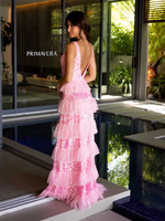 This dress features a v-neckline and a low back, a ruffled tiered skirt, and a slit. This dress is an A-line silhouette and is unique and feminine. Choose this one-of-a-kind dress for your next prom or formal event.   PV 4142