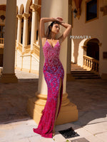 This dress features a v-neckline, a fitted silhouette with a low open back and sequin and beaded fabric intricately laid in a unique pattern. This dress also has a slit and is modern and gives high fashion vibes with its unique design. This dress couldn't be more perfect for your next prom or formal event.   PV 4150