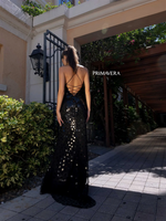 This dress features a v-neckline with spaghetti straps and an open lace-up back. This gown features cut glass beads throughout with a fitted silhouette and a slit. It is fashion forward and unique and could be just the vibe for your next prom or formal event.   PV 4151