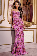This dress features a strapless neckline with a fitted silhouette, ruched detailing throughout the bodice, and a floral print fabric. This dress is one-of-a-kind and could be perfect for your next prom, pageant or formal event.

Jovani 42165A