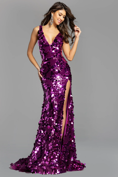 This dress features a deep V-neckline with cut-outs on the side and an open back. The fitted silhouette is complimented by the large format sequins. This dress is glamorous and unique and could be ideal for your next prom or formal event.

Jovani 43056A