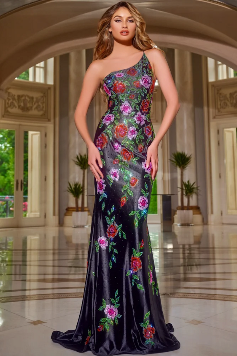 This dress features a one-shoulder neckline with a fitted silhouette. This satin fabric is embellished with rhinestones creating a floral pattern design. This dress is magnetic and could be perfect for your next prom or formal event.

Jovani 43194A