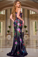 This dress features a one-shoulder neckline with a fitted silhouette. This satin fabric is embellished with rhinestones creating a floral pattern design. This dress is magnetic and could be perfect for your next prom or formal event.

Jovani 43194A
