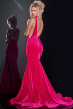 This dress features a deep V-neckline with side cutouts, an open back and a fitted silhouette. The velvet fabric compliments this design and could be styled to make it your own at your next prom, pageant or formal event.

Jovani 43578A