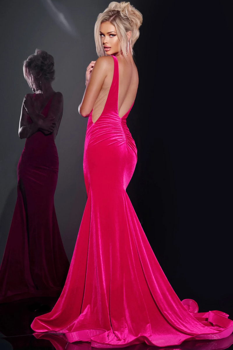 This dress features a deep V-neckline with side cutouts, an open back and a fitted silhouette. The velvet fabric compliments this design and could be styled to make it your own at your next prom, pageant or formal event.

Jovani 43578A