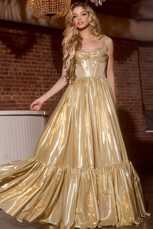This dress features a sweetheart neckline with spaghetti straps. The bodice has corset boning and a cutout with a flowy skirt all in a metallic shimmer fabric. This gown is romantic and could be perfect for your next prom or formal event.

Jovani 43596A