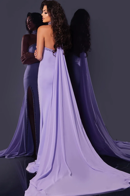 This dress features a strapless neckline with a fitted silhouette, an embellished high slit, and the back of the dress flows into a graceful drape, perfect for making a statement at any formal event.

Jovani 43658A
