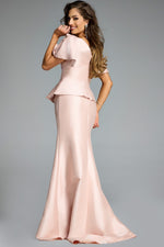 This dress features a V-neckline with short sleeves, a peplum and pleating detailing with a fitted silhouette and a covered back. This dress is unique and could be ideal for your next pageant or formal event.

Jovani 43805A