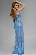 This dress features a V-neckline with spaghetti straps and a lace-up back. This fitted silhouette is complimented by the beaded and sequined fabric creating a unique pattern. This stunning dress could be perfect for your next prom, pageant or formal event.

Jovani 43932A