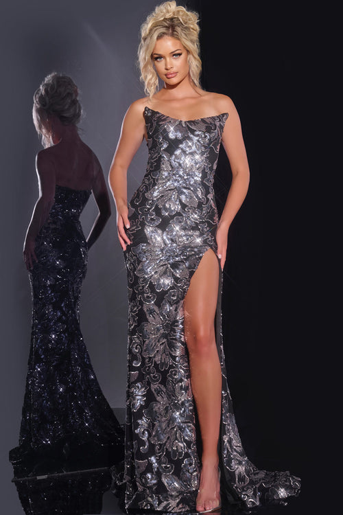 This dress features a strapless neckline with sequin fabric that is designed in a floral pattern, side cut-outs and a fitted silhouette. This dress is glamorous and could be ideal for your next pageant or formal event.

Jovani 44116A