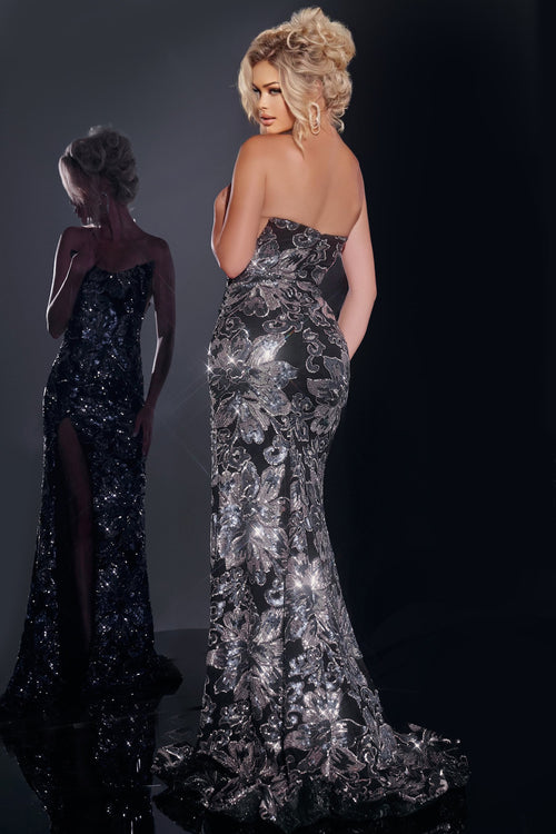 This dress features a strapless neckline with sequin fabric that is designed in a floral pattern, side cut-outs and a fitted silhouette. This dress is glamorous and could be ideal for your next pageant or formal event.

Jovani 44116A