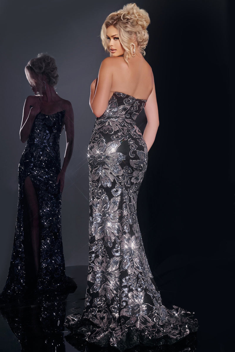 This dress features a strapless neckline with sequin fabric that is designed in a floral pattern, side cut-outs and a fitted silhouette. This dress is glamorous and could be ideal for your next pageant or formal event.

Jovani 44116A