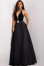 This dress features a plunging halter neckline with an embellished rhinestone collar, a velvet bodice and a rosette detail, an open back and an A-line silhouette. This is a classic design with unique details that could be ideal for your next prom, pageant or formal event.

Jovani 45367A