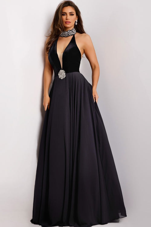 This dress features a plunging halter neckline with an embellished rhinestone collar, a velvet bodice and a rosette detail, an open back and an A-line silhouette. This is a classic design with unique details that could be ideal for your next prom, pageant or formal event.

Jovani 45367A