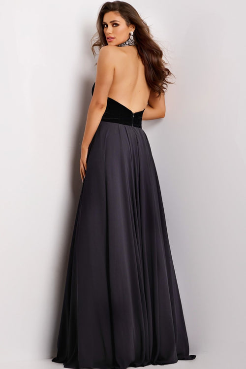 This dress features a plunging halter neckline with an embellished rhinestone collar, a velvet bodice and a rosette detail, an open back and an A-line silhouette. This is a classic design with unique details that could be ideal for your next prom, pageant or formal event.

Jovani 45367A