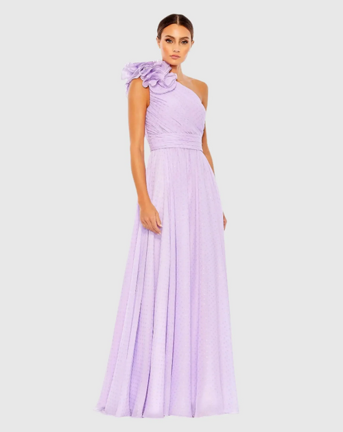 This dress features metallic polka dots, and fluid chiffon fabric. This one-shoulder dress is styled with a mixed-material rosette accent, a pleated bodice and flattering waist. Style this dress to make it your own at your next prom or formal event.

Mac Duggal 49536