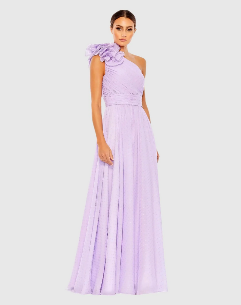 This dress features metallic polka dots, and fluid chiffon fabric. This one-shoulder dress is styled with a mixed-material rosette accent, a pleated bodice and flattering waist. Style this dress to make it your own at your next prom or formal event.

Mac Duggal 49536